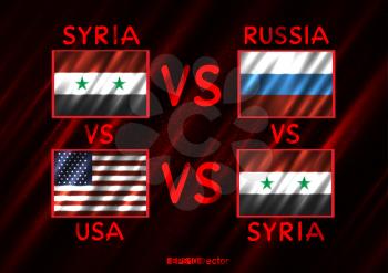 Syria Russia USA conflict. Rectangular flags on dark red background. Blood war illustration