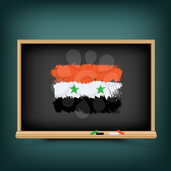 Syria national flag draw on school education blackboard. Syrian standard banner backdrop. Learn language lesson