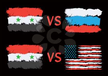 Conflict between Syria Russia USA. Rectangular drawn flags on dark black background. War illustration