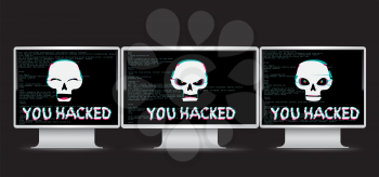 Funny and angry white hacker skull with you hacked text on monitor device with black screen and source code on background. Computer crime hacked attack illustration
