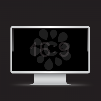 White 16 to 9 computer monitor on dark black background. Wide screen modern electronic device. Empty black pc desktop template