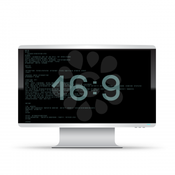 16 to 9 computer monitor on white background. Wide screen modern electronic device. PC desktop template with code and size text message