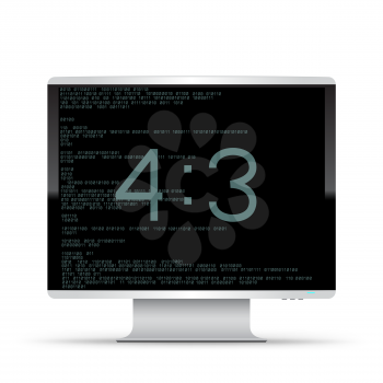 4 to 3 computer monitor on white background. Modern electronic device screen. PC desktop template with code and size text message