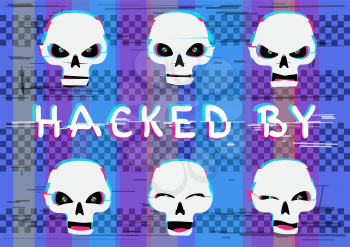 Glitch hacker skulls set with hacked by text on blue screen device background. Skull laugh funny wink and angry different emotions collection. Computer crime attack illustration