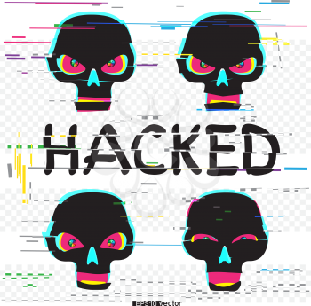 Glitch black hacker skulls set with hacked text on white transparent background. Skull laugh funny and angry different emotions collection. Computer crime attack illustration