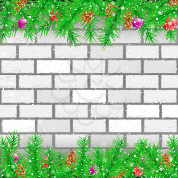 Spruce and falling snow white brick wall background. Christmas green branches with pine cones and toys snowy holiday celebration backdrop