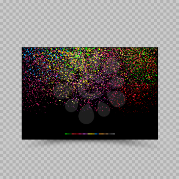 Holi colors poster banner billboard paper card template. Phagwa festival of paints color confetti tinsel sequin design. Fireworks on dark black background. Circles round art backdrop