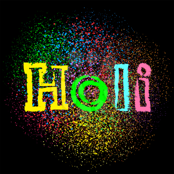 Happy holi colors lettering text message on dark black background. Phagwa festival paints color confetti tinsel sequin design. Circles round holiday art backdrop