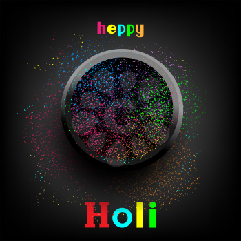 Holi colors plate template on dark black background. Phagwa festival bowl of paints color confetti tinsel sequin design. Circles round art backdrop
