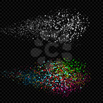 Holi colors spray template. Phagwa festival of paints color confetti tinsel sequin design. Fireworks on dark black background. Circles round art backdrop
