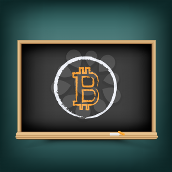 Bitcoin education drawing on school blackboard. Crypto currency lesson draw on chalkboard. Teach to mining finance. E-commerce business learning
