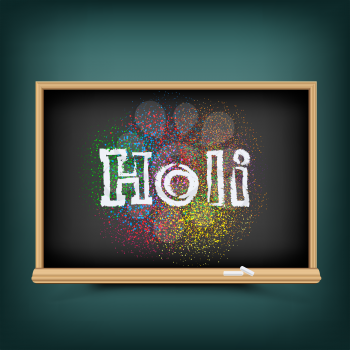 Happy holi holiday colors lettering text message on black education blackboard. Phagwa festival paints color confetti tinsel sequin design. Circles round holiday art backdrop