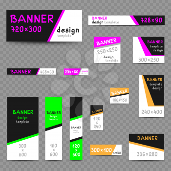 Multicolor web banner templates set with shadow on transparent background. Standard internet size banners collection dimensions in pixels