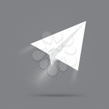 Paper plane fly up with airway on gray transparent background. White origami airplane flight