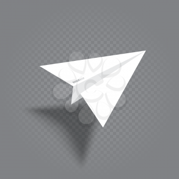 Paper plane with shade fly over gray transparent background. White origami airplane flight and leave shadow