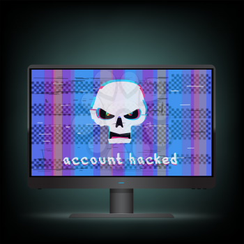 Account hacked text on black wide monitor with blue glitch screen background. Angry white hacker skull with hack message on device. Computer crime attack illustration