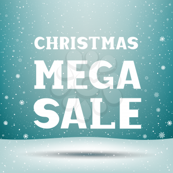 Christmas mega winter sale text message and falling snow. Snowflake decoration design template