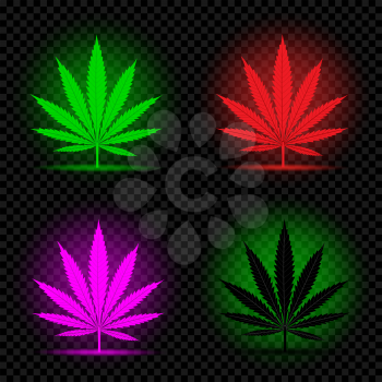 Hemp green red pink purple black leaf lamps set on dark transparent background. Cannabis marijuana silhouette plant logo symbol. On and off lights sign of marijuana