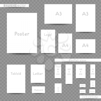 White print sizes advertisement empty template set. Booklet leaflet brochure with shadow on transparent background. Corporate design tabloid poster, legal, A3 A4 paper sheet, business card badge