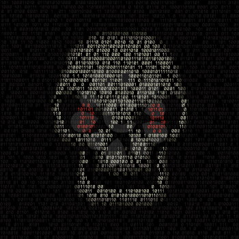 Bitcoin code eyes hacker skull on the binary dark coding texture background. Cyber crime hacking illustration. Money security crypto currency hack attack
