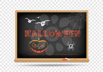 School blackboard draw Halloween Holidays on transparent background. Classroom chalkboard drawing with shadow