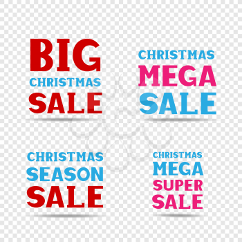 Christmas red pink and blue big mega super season sale message label set on transparent background. Business communication dialog or quote template collection sign.
