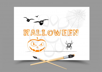 School drawing Halloween Holidays on white paper. Draw message spider cobweb bat angry and smile pumpkin