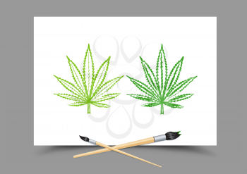 Drawing hemp cannabis drug on white paper. Education school narcotic marijuana lesson