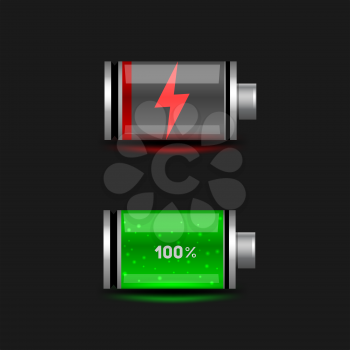 Simple discharged and charged battery icon set on black dark background. Glossy batteries collection with green red orange indicator color charge. Easy to edit width height thickness and charge