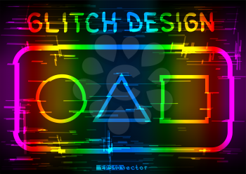 Glitch colorful rainbow geometric rectangle circle square triangle shapes template. Abstract glitched multicolor vector light frame design backdrop