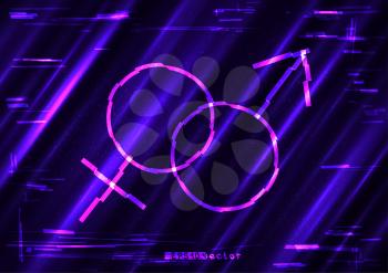 Glitch he and she sexual neon sign symbol template. Abstract glitched blue purple and pink vector design love backdrop. Female male romantic symbol illustration