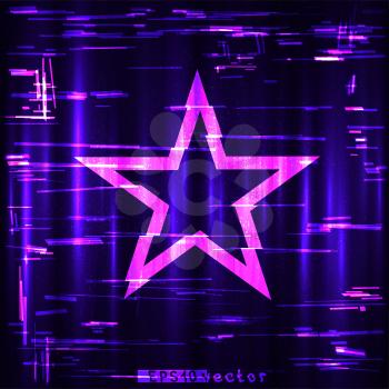 Glitch colorful blue purple and pink geometric star shape template. Abstract glitched multicolor vector Hollywood design backdrop