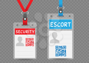Security escort vertical badge empty template with blue and red lanyard on transparent background. Identification id card mockup set