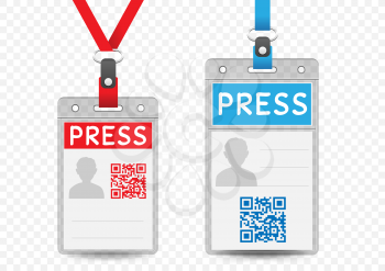 Press journalist vertical badge empty template with blue and red title QR code and lanyard on transparent background. Media identification id card mockup set