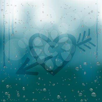 Heart with Cupid arrow draw on rainy window. Water drops flow down on dark blue bokeh background. Romance love bubble droplets backdrop. Sadness romantic rain bubbles template on a glass surface