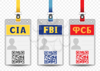 Security Service vertical badge empty template with blue yellow and red title QR code and lanyard on transparent background. Identification agent FBI CIA FSB id card mockup set