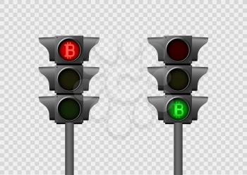 Bitcoin exchange semaphore with red and green lights on transparent background. Traffic light indicate purchase or sale crypto currency. Modern and future internet money illustration