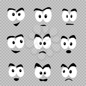 Cartoon eyes template set on transparent background. Comics faces design collection. Put template emotion on objects and make them alive