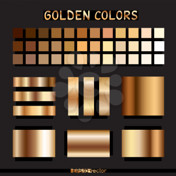Thirty six golden colors and ten gold vector gradient template for design