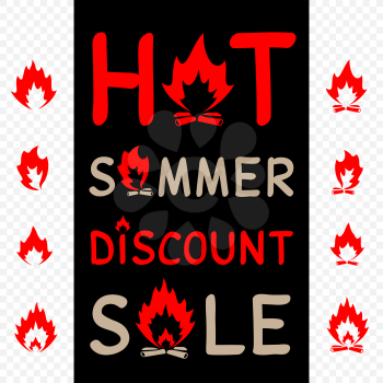Hot summer sale sign icon with camp fire on black transparent background. Burn bonfire discount offer symbol