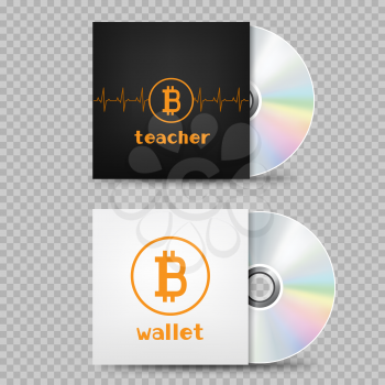 White and black crypto currency bitcoin standing compact disk template with shadow on transparent background. Education e-commerce wallet internet mining blockchain teach and learn object