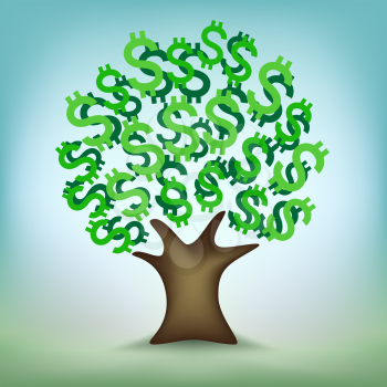Green dollar leaves money tree. Abstract deposit investment cash plant. Growth business finance success illustration