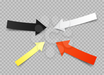 Paper arrows set with shadow on transparent background. Different colors white red, black, yellow direction pointer collection