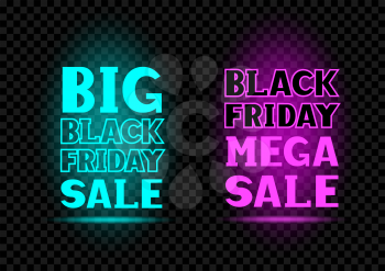 Blue and pink big friday sale neon message label set on transparent dark black background. Business communication dialog or quote template collection sign.