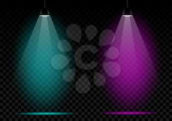 Neon blue azure and pink purple lamp light glowing on dark transparent background. Spotlights multicolor highlights empty template