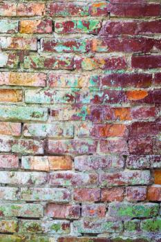 Grunge colored brick wall backdrop. Old vertical brickwork decor background. Architecture texture design