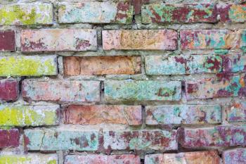 Grunge colored brick wall background. Old mold brickwork decor backdrop. Architecture texture design