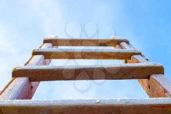 Winter stairs in sky snow covered. Religion way up to God.