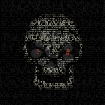 Digital code hacker skull with red digit eyes on dark background. Technology cyber hack sign symbol