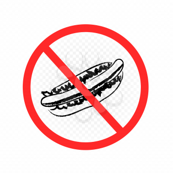 Drawn fast food prohibition sign on white transparent background. Hot Dog in forbidden red circle with crossed line. Bad place for diet symbol